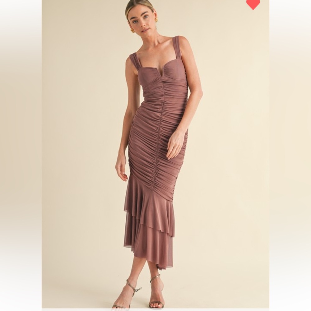 #155 RUCHED SOLID MESH FISH TAIL MIDI DRESS